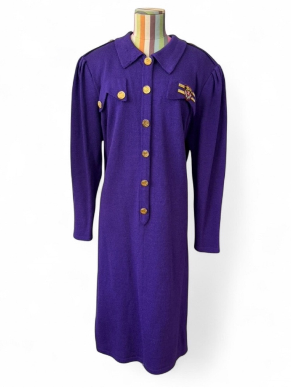 Vintage ADOLFO Saks Fifth Avenue Purple Knit Sweater Dress Gold Buttons